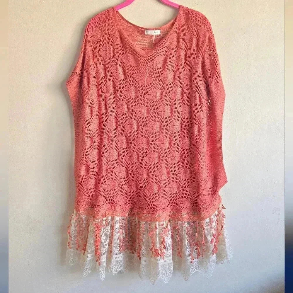 Ryu oversized boho style coral knit beach coverup tunic poncho top